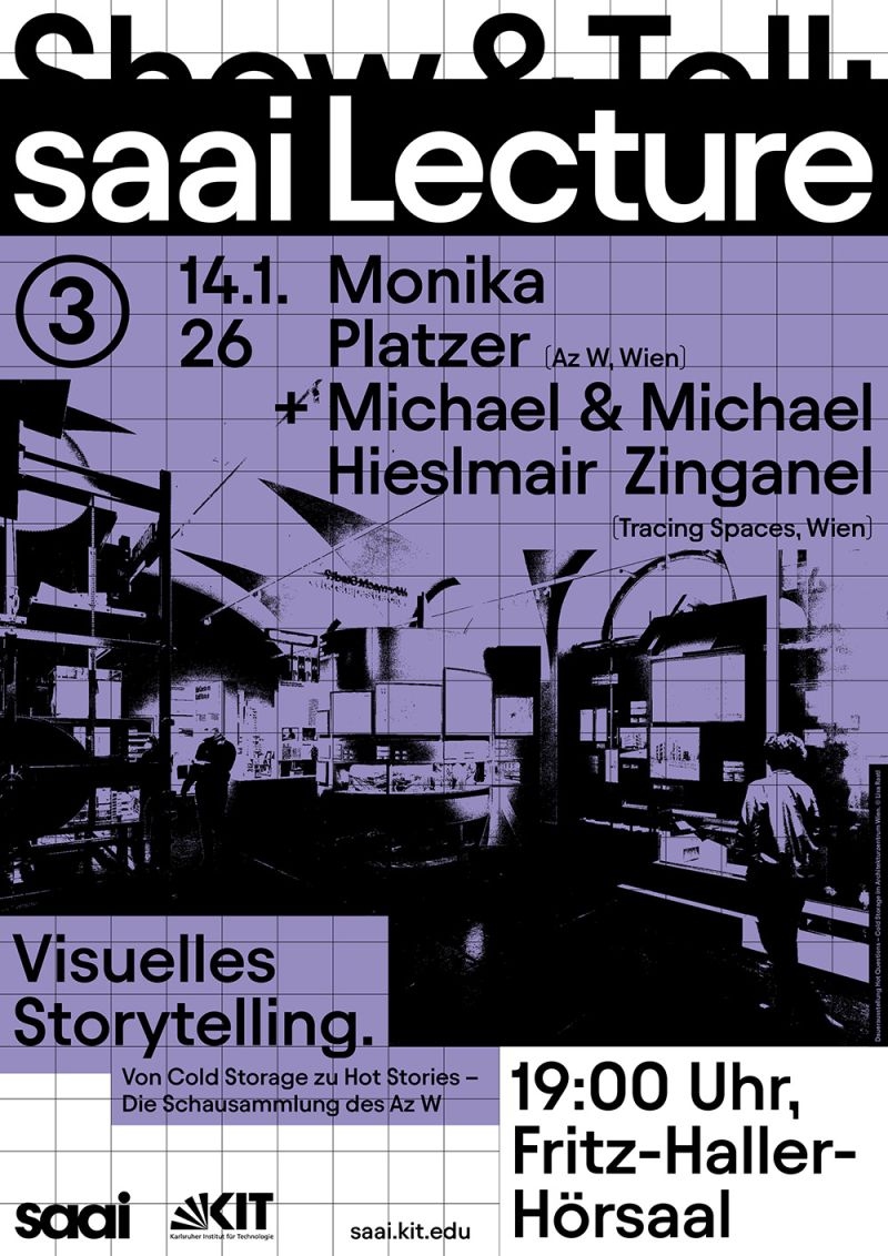 Veranstaltungsplakat mit Text und grafischem Muster, purple Bereich, siehe Details zu einer Lesung.